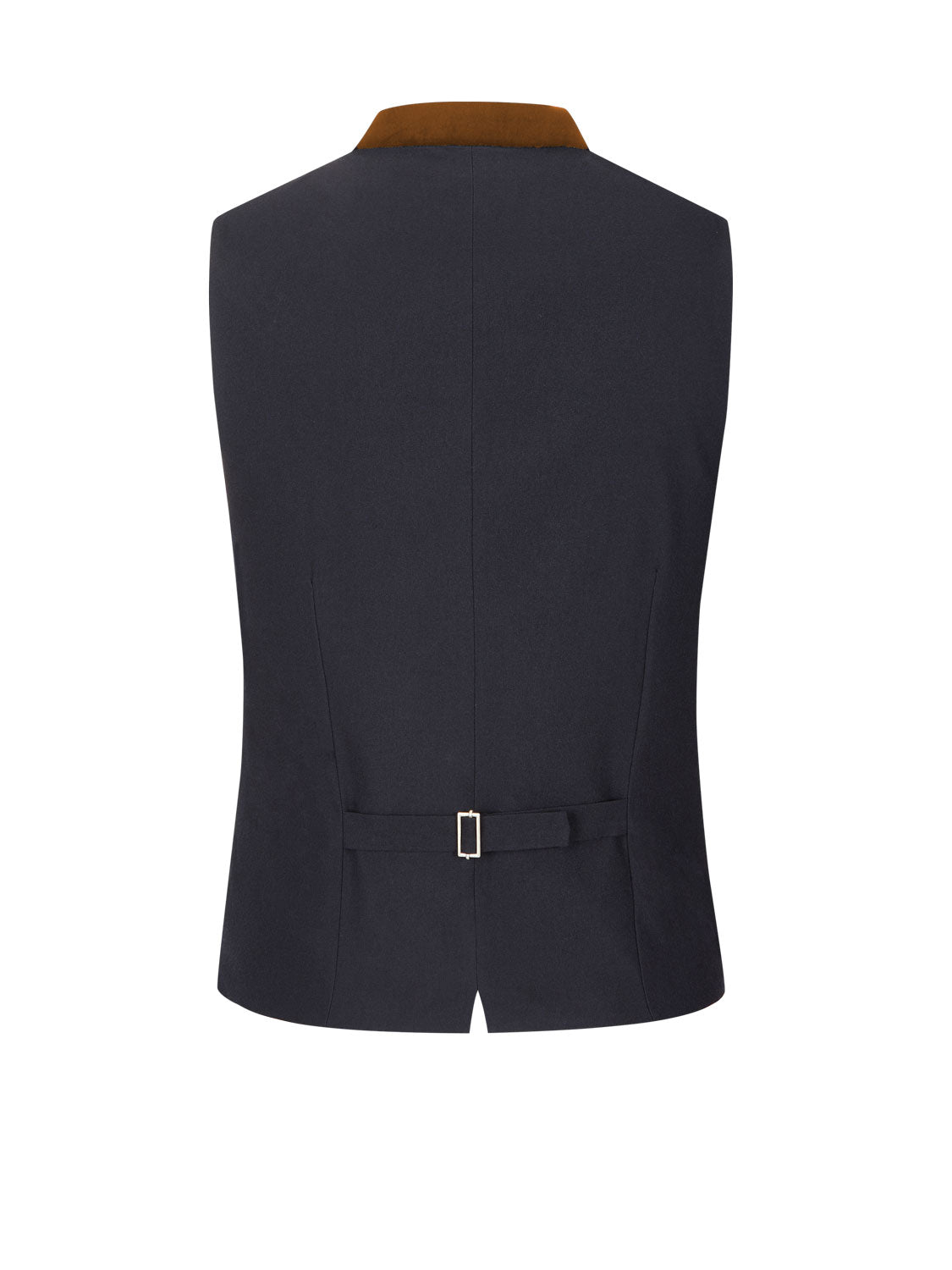 Rückansicht der Trachtenweste in Dark Navy mit orange Samtkragen, dunkelblauem Stretchrücken und verstellbarem Rückengurt für eine optimale Passform.
