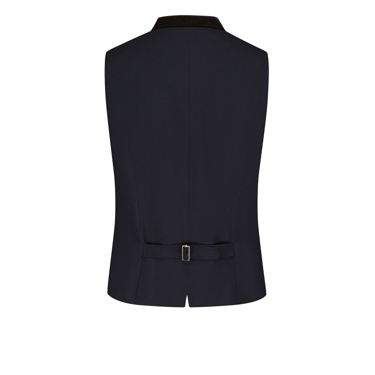 Rückansicht der Trachtenweste in Dark Navy mit schwarzem Samtkragen, dunkelblauem Stretchrücken und verstellbarem Rückengurt für eine optimale Passform.