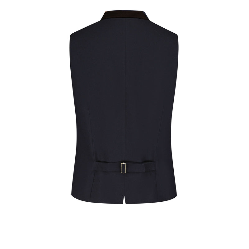 Rückansicht der Trachtenweste in Dark Navy mit schwarzem Samtkragen, dunkelblauem Stretchrücken und verstellbarem Rückengurt für eine optimale Passform.