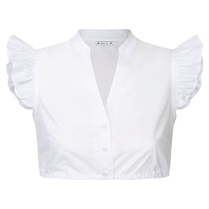 Dirndlbluse Carlotta – weiße Trendbluse mit Flügelarm und Stehkragen