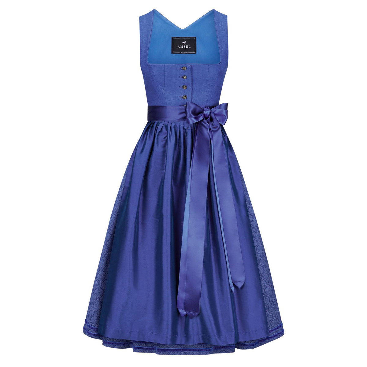 Leinendirndl Nele in Blau mit blauer Seidenschürze und Satinbändern – klassisches Mididirndl aus Leinen