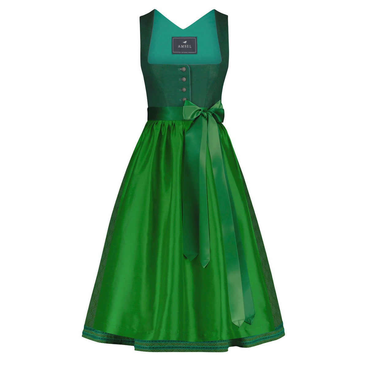 Leinendirndl Nele in Grün mit grünfarbener Dupionseidenschürze – elegantes Mididirndl mit Leinenmieder
